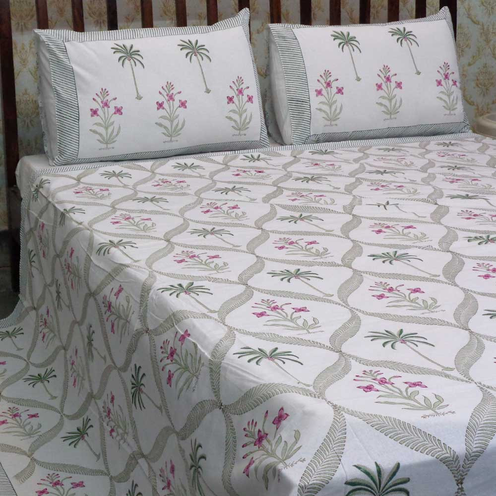 Hand Block Printed Cotton Queen Size Bedspread 208092