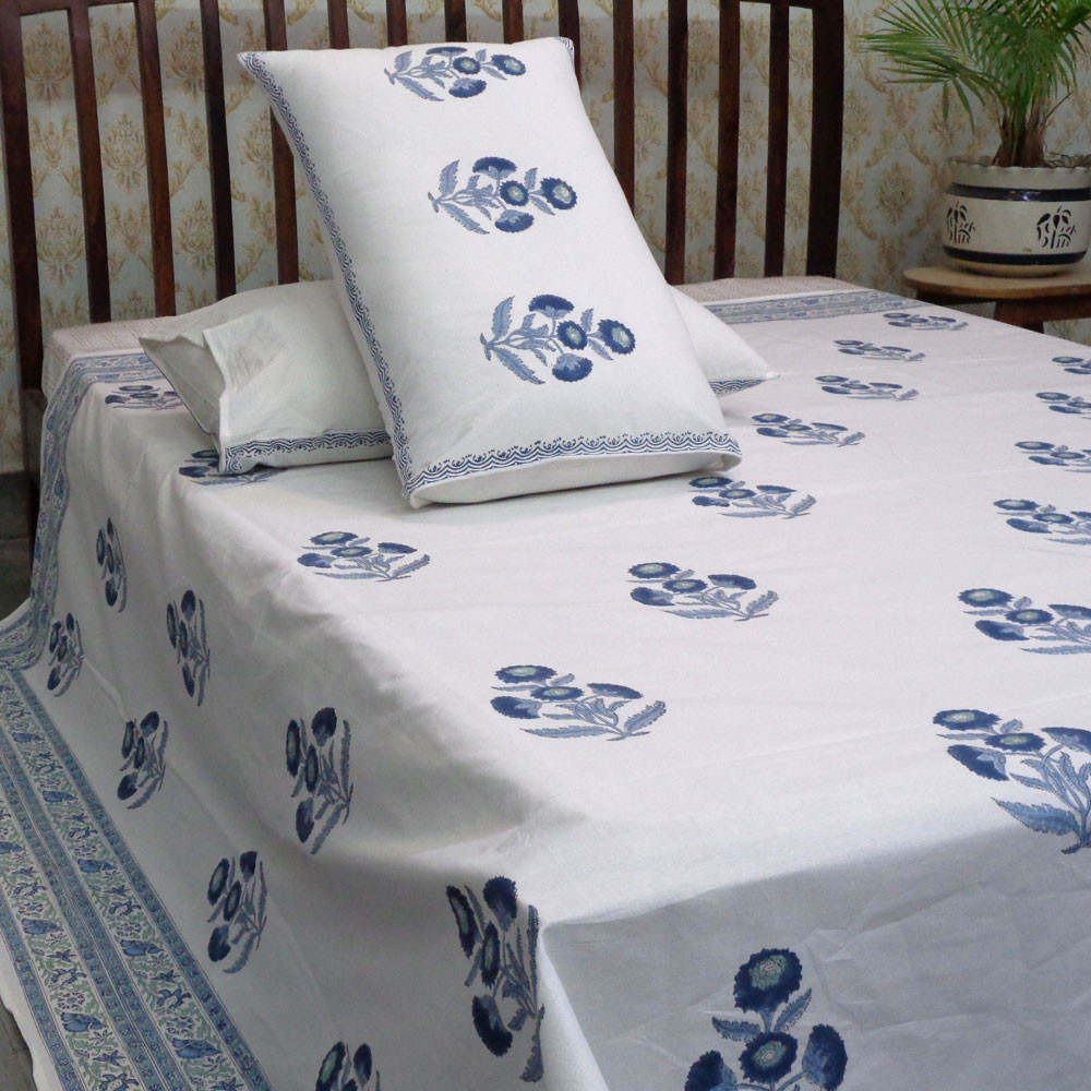 Hand Block Printed Cotton Queen Size Bedspread Boota Blue 204108