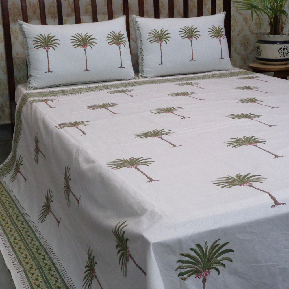 Hand Block Printed Cotton Queen Size Bedspread  Palm Tree Green 109024