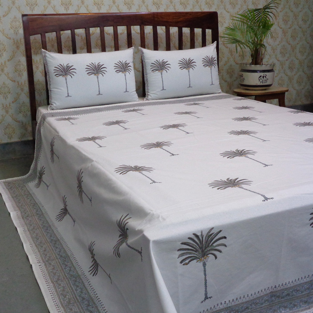 Hand Block Printed Cotton Queen Size Bedspread Palm Tree Grey 100456