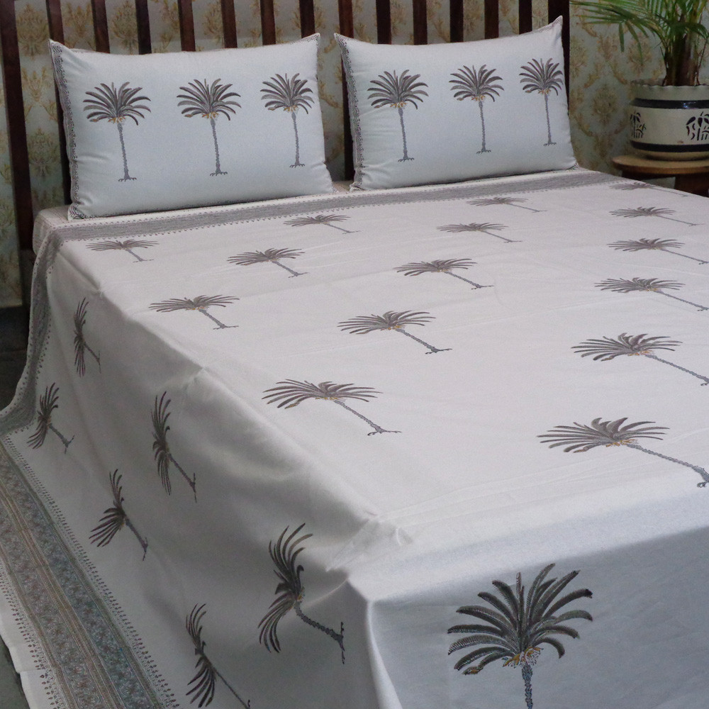 Hand Block Printed Cotton Queen Size Bedspread Palm Tree Grey 100456