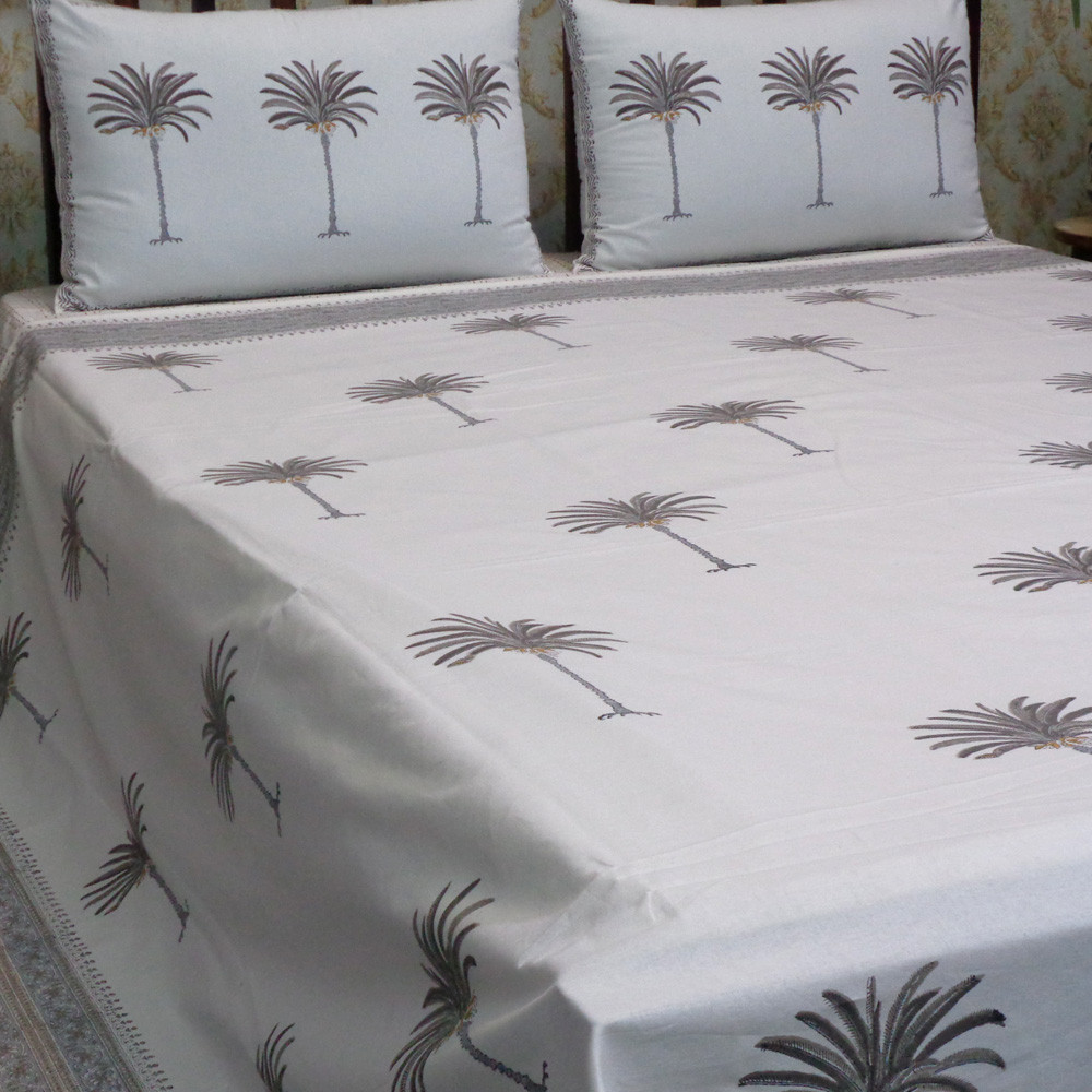 Hand Block Printed Cotton Queen Size Bedspread Palm Tree Grey 100456