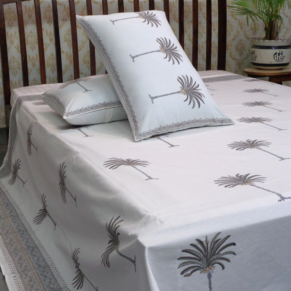 Hand Block Printed Cotton Queen Size Bedspread Palm Tree Grey 100456