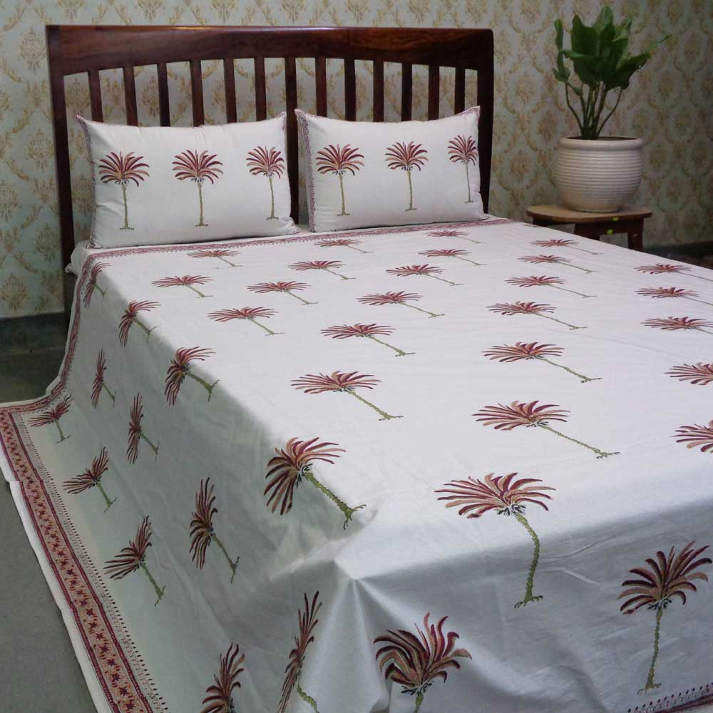 Hand Block Printed Cotton Queen Size Bedspread Palm Tree Pink 100465