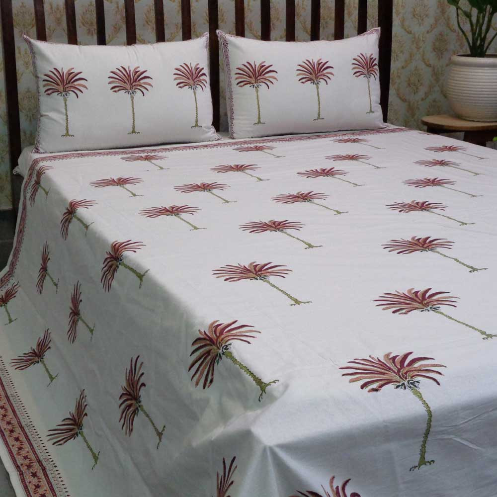 Hand Block Printed Cotton Queen Size Bedspread Palm Tree Pink 100465