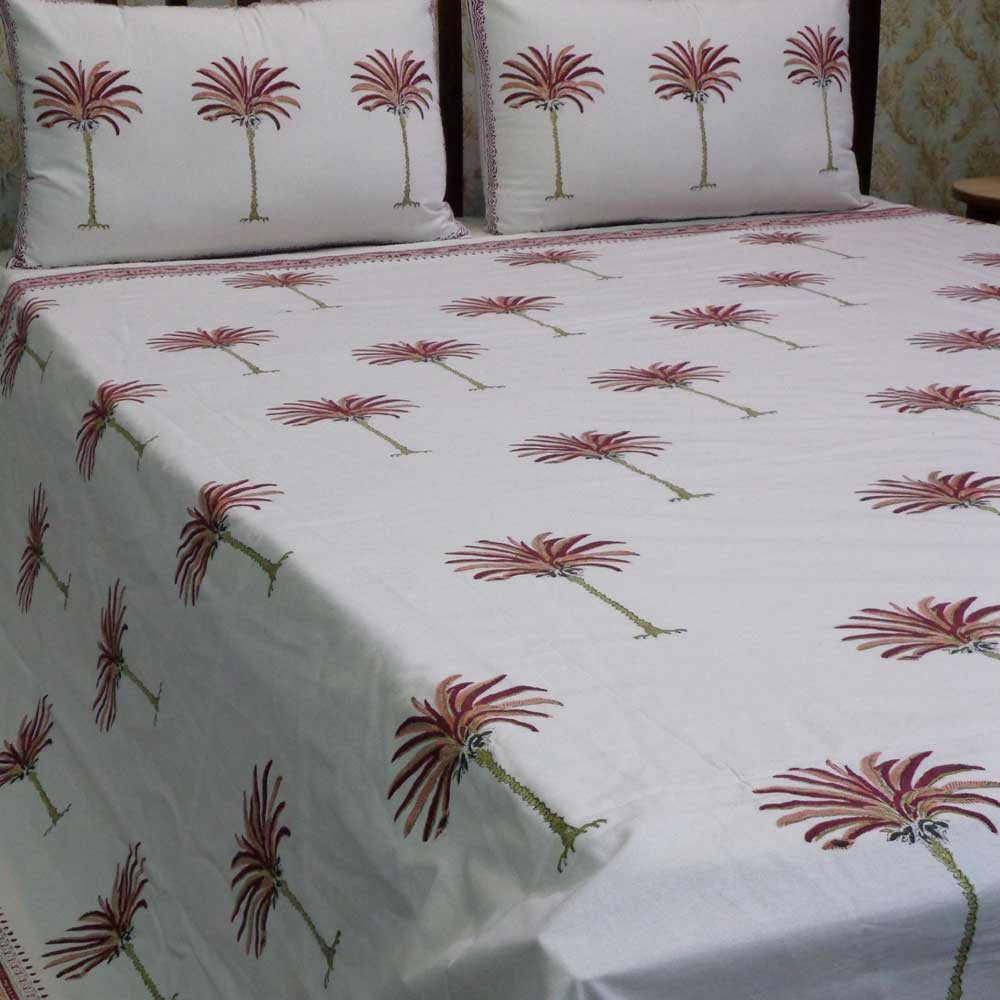 Hand Block Printed Cotton Queen Size Bedspread Palm Tree Pink 100465