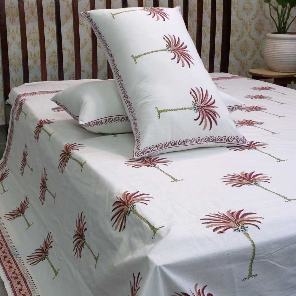 Hand Block Printed Cotton Queen Size Bedspread Palm Tree Pink 100465