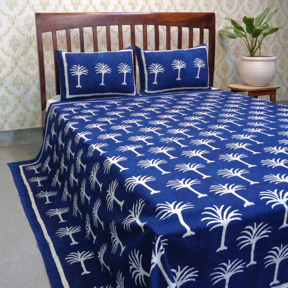 Hand Block Printed Cotton Queen Size Bedspread  Palm Tree White On Blue 101247