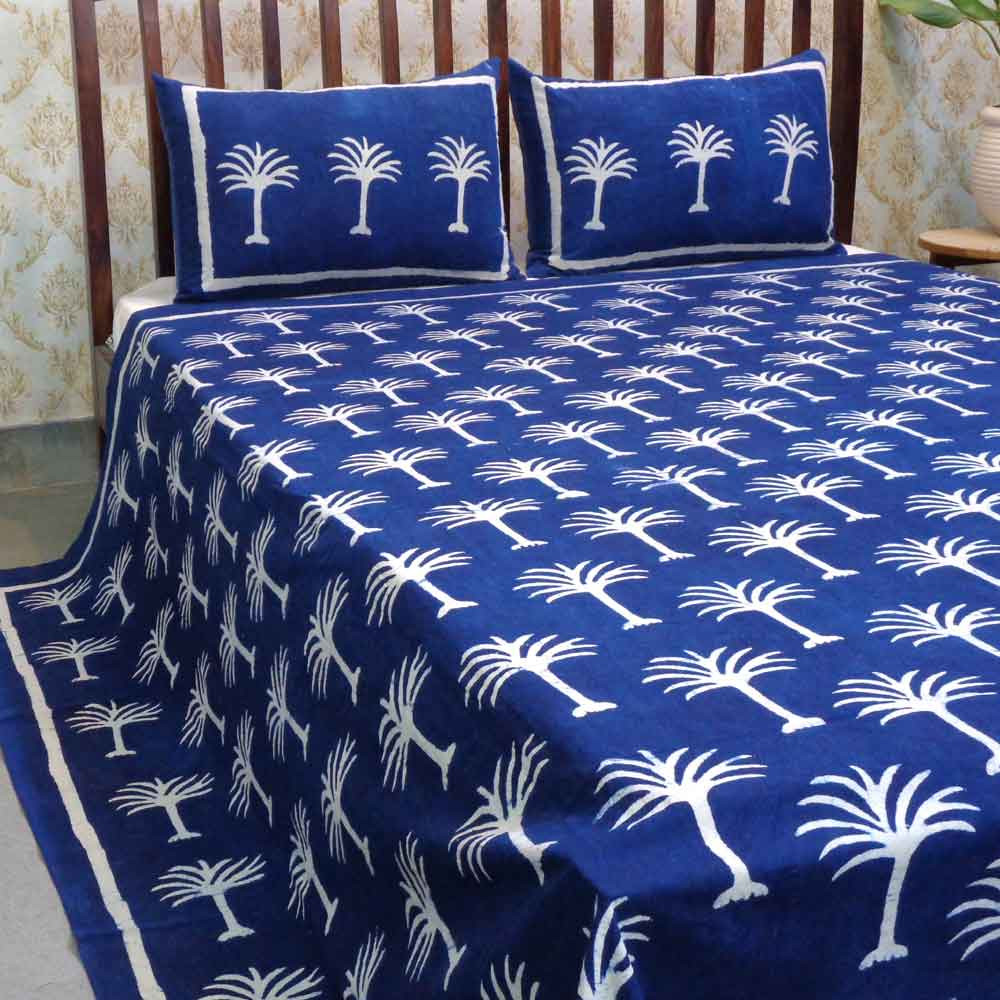 Hand Block Printed Cotton Queen Size Bedspread  Palm Tree White On Blue 101247