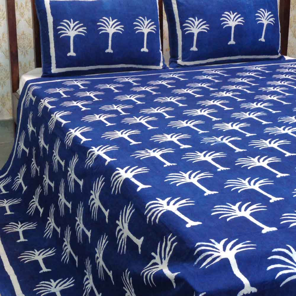 Hand Block Printed Cotton Queen Size Bedspread Palm Tree White On Blue 101247