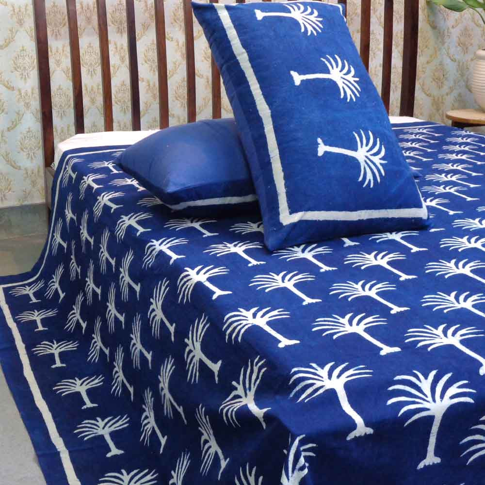 Hand Block Printed Cotton Queen Size Bedspread  Palm Tree White On Blue 101247