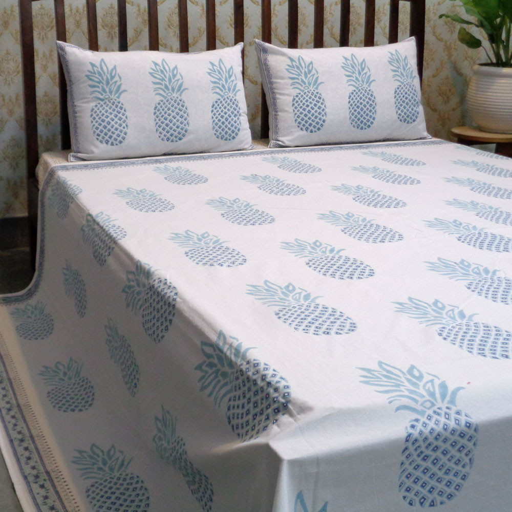 Hand Block Printed Cotton Queen Size Bedspread  Pineapple Aqua 102701