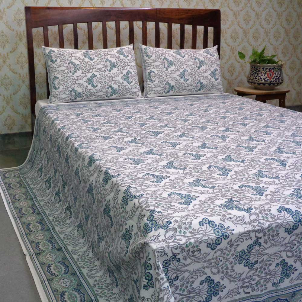 Hand Block Printed Cotton Queen Size Bedspread  Raat Ki Rani Jade 103455