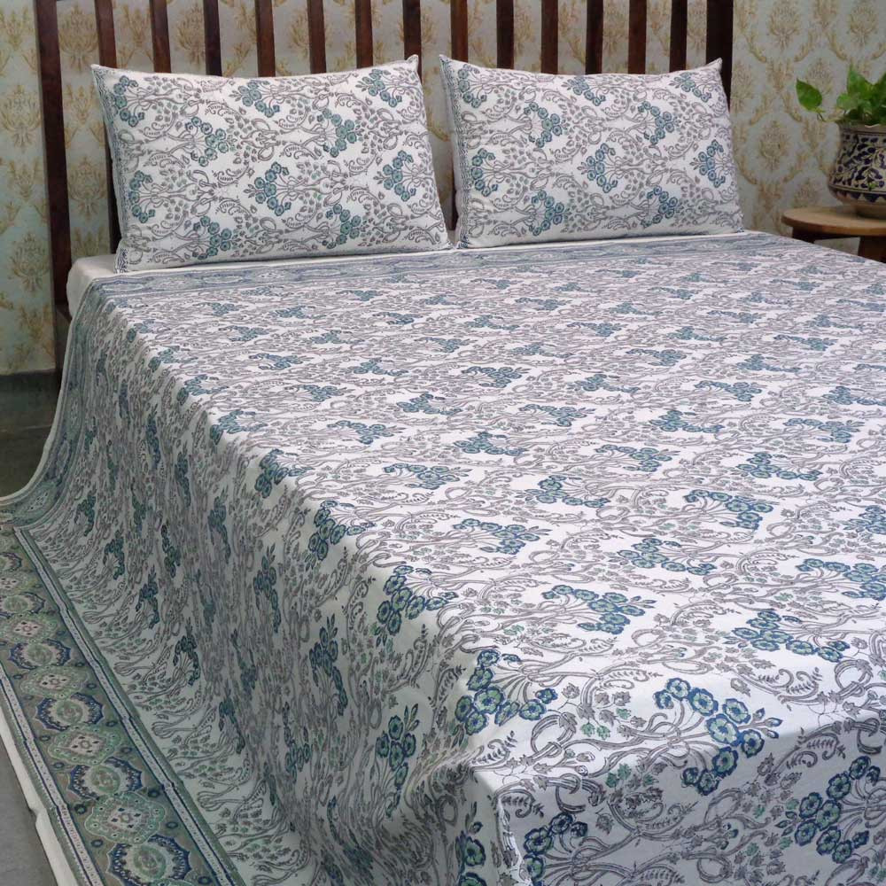 Hand Block Printed Cotton Queen Size Bedspread  Raat Ki Rani Jade 103455