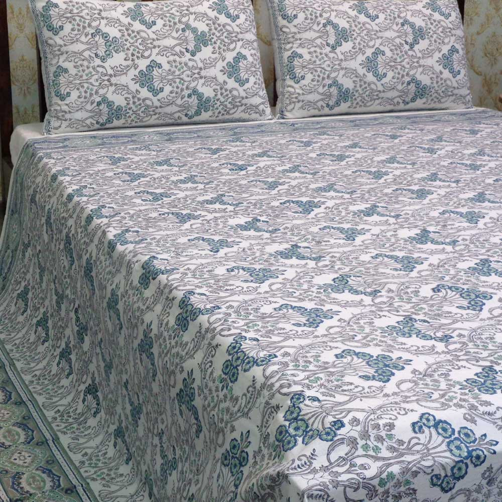Hand Block Printed Cotton Queen Size Bedspread  Raat Ki Rani Jade 103455