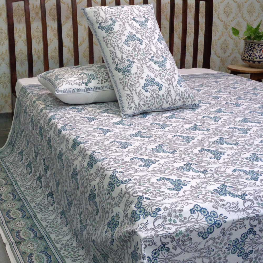 Hand Block Printed Cotton Queen Size Bedspread Raat Ki Rani Jade 103455