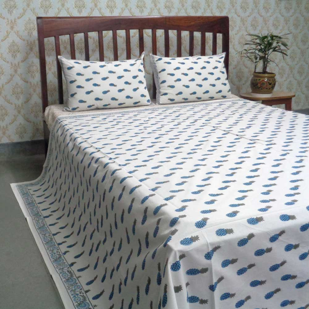 Hand Block Printed Cotton Queen Size Bedspread Small Pineapple Blue 101349