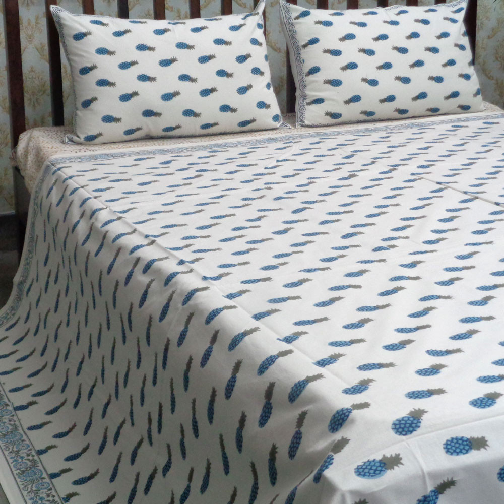 Hand Block Printed Cotton Queen Size Bedspread Small Pineapple Blue 101349
