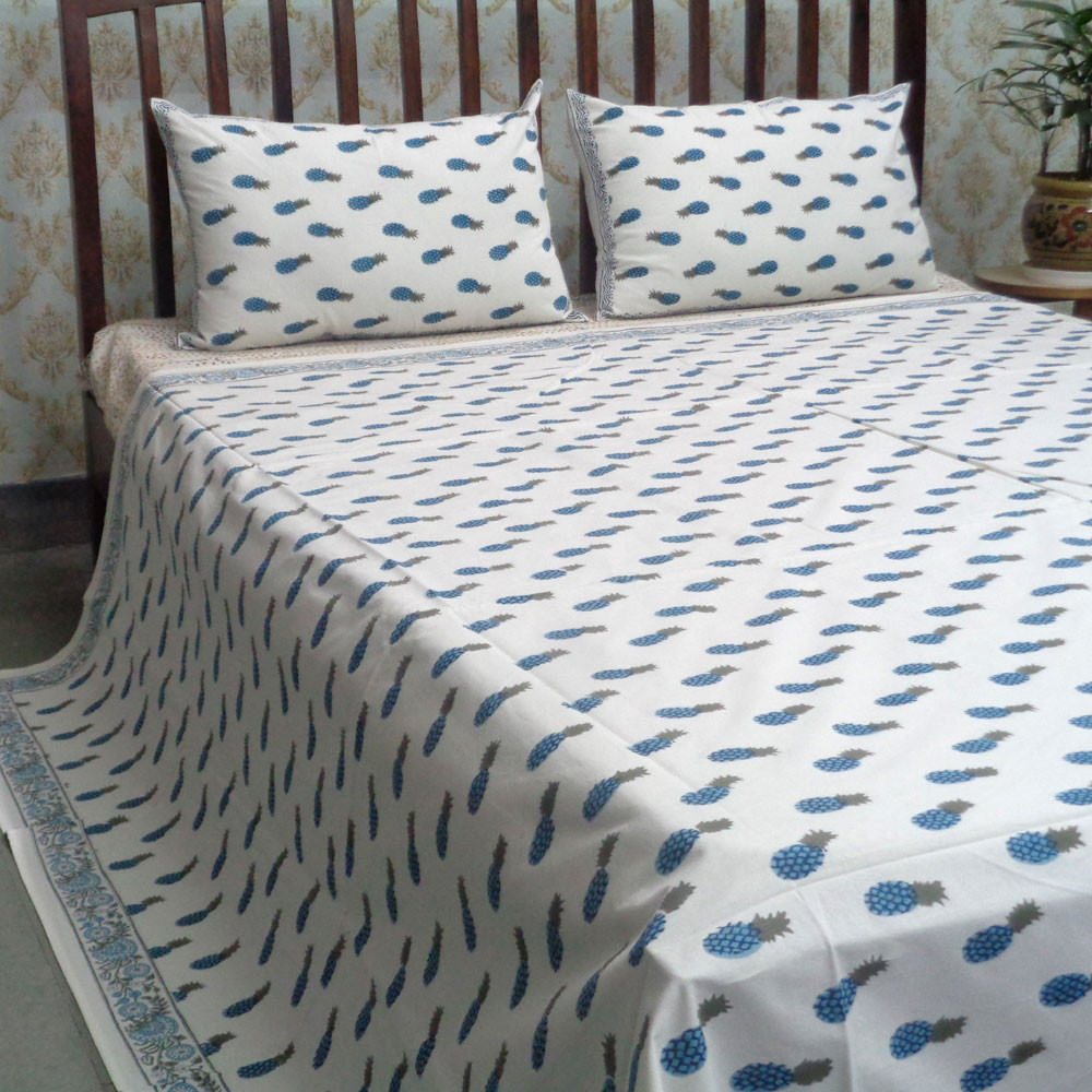 Hand Block Printed Cotton Queen Size Bedspread Small Pineapple Blue 101349