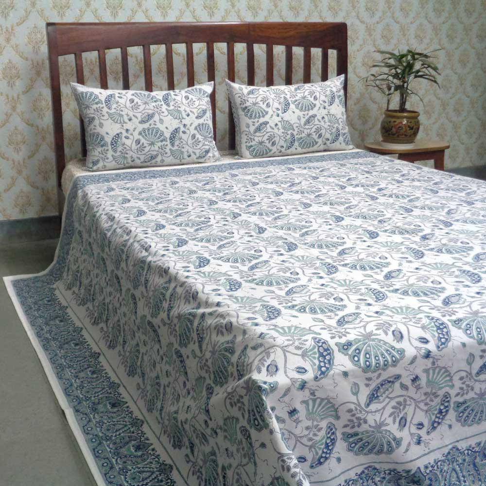 Hand Block Printed Cotton Queen Size Bedspread Waterlily Jade Grey 101260