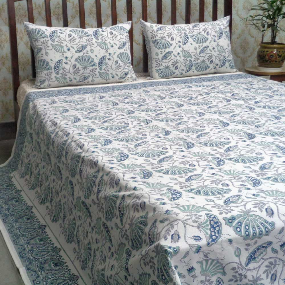 Hand Block Printed Cotton Queen Size Bedspread Waterlily Jade Grey 101260