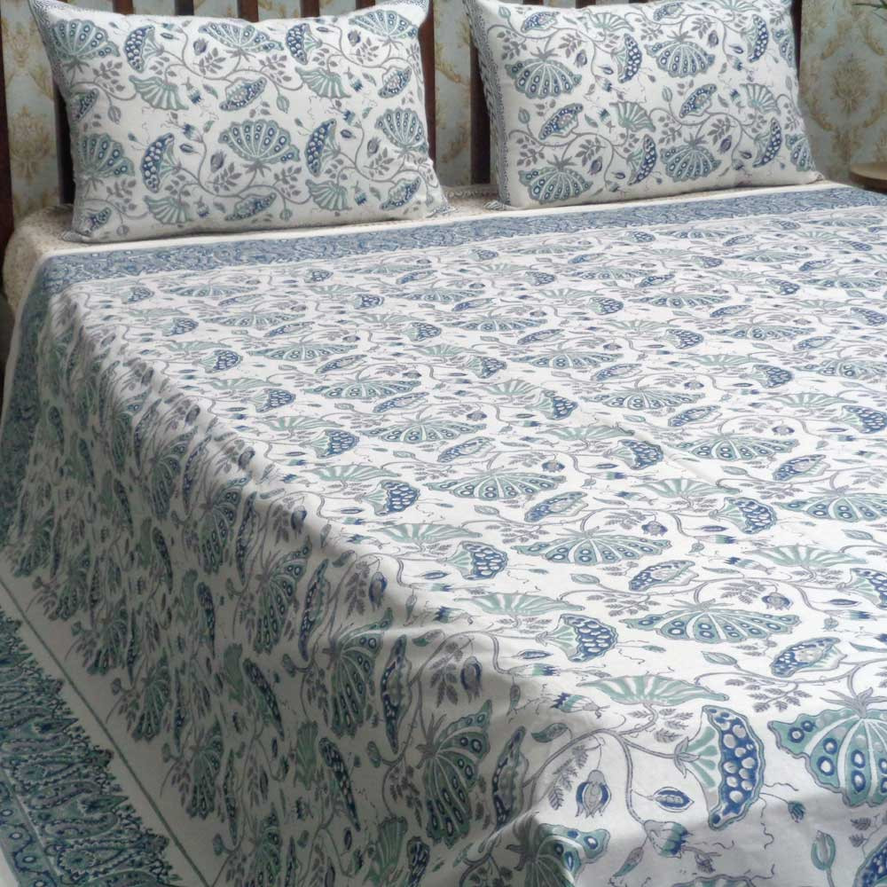 Hand Block Printed Cotton Queen Size Bedspread Waterlily Jade Grey 101260