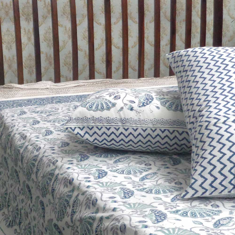 Hand Block Printed Cotton Queen Size Bedspread Waterlily Jade Grey 101260