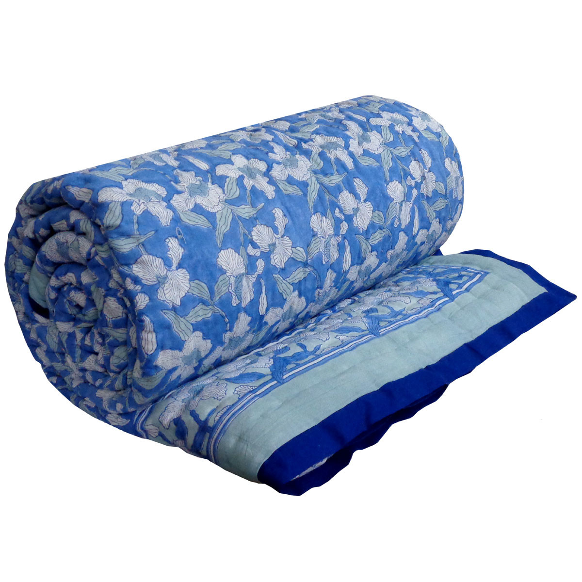 Hand Block Printed Cotton Queen Size Quilt   Orchid Aqua 203890