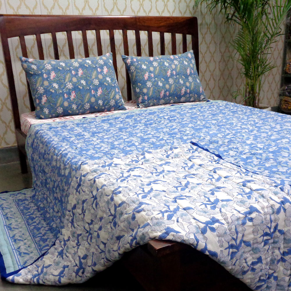 Hand Block Printed Cotton Queen Size Quilt Orchid Aqua 203890