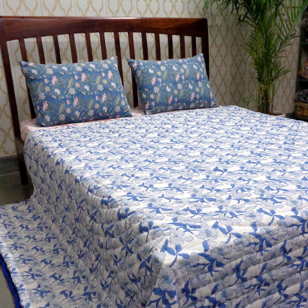 Hand Block Printed Cotton Queen Size Quilt Orchid Aqua 203890
