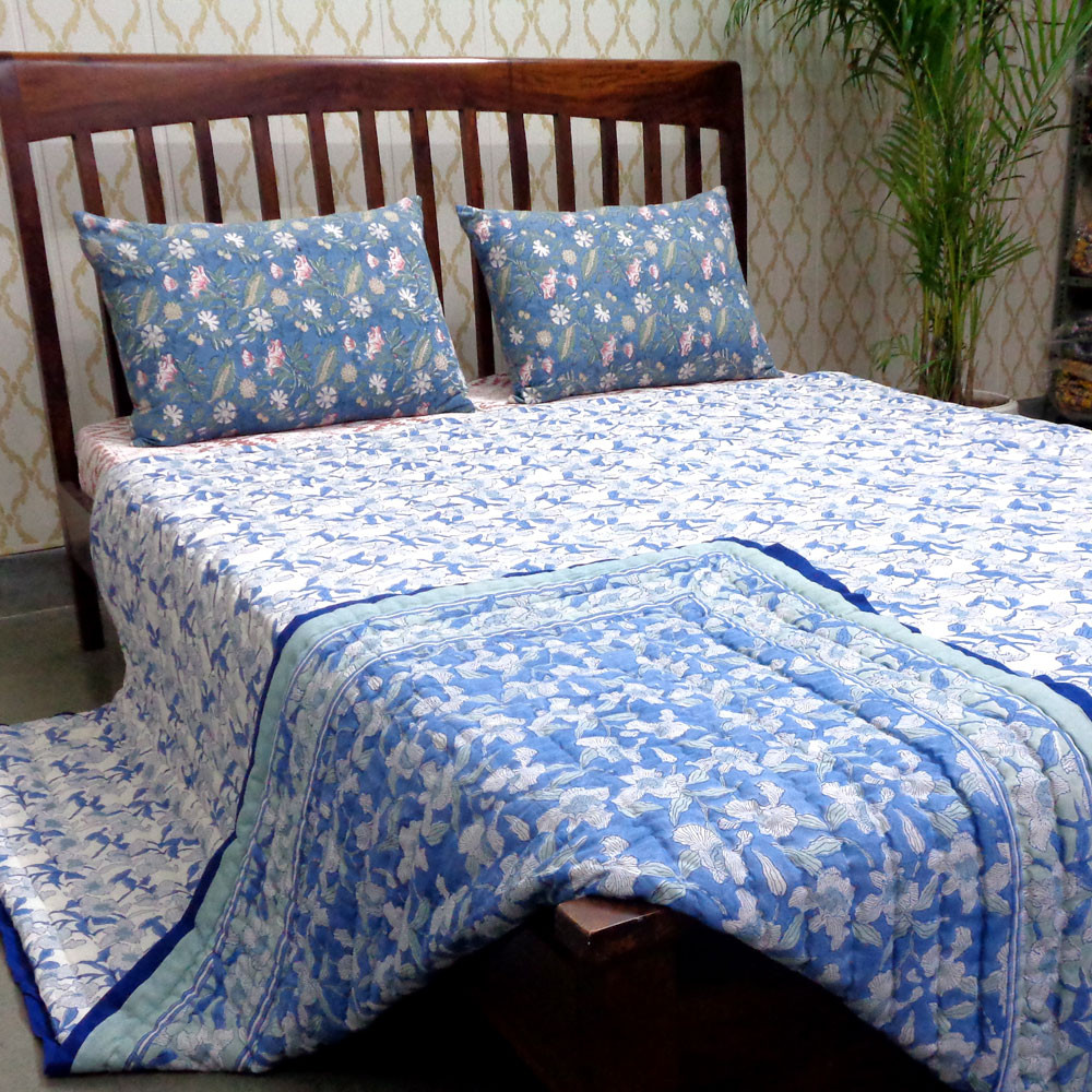 Hand Block Printed Cotton Queen Size Quilt Orchid Aqua 203890