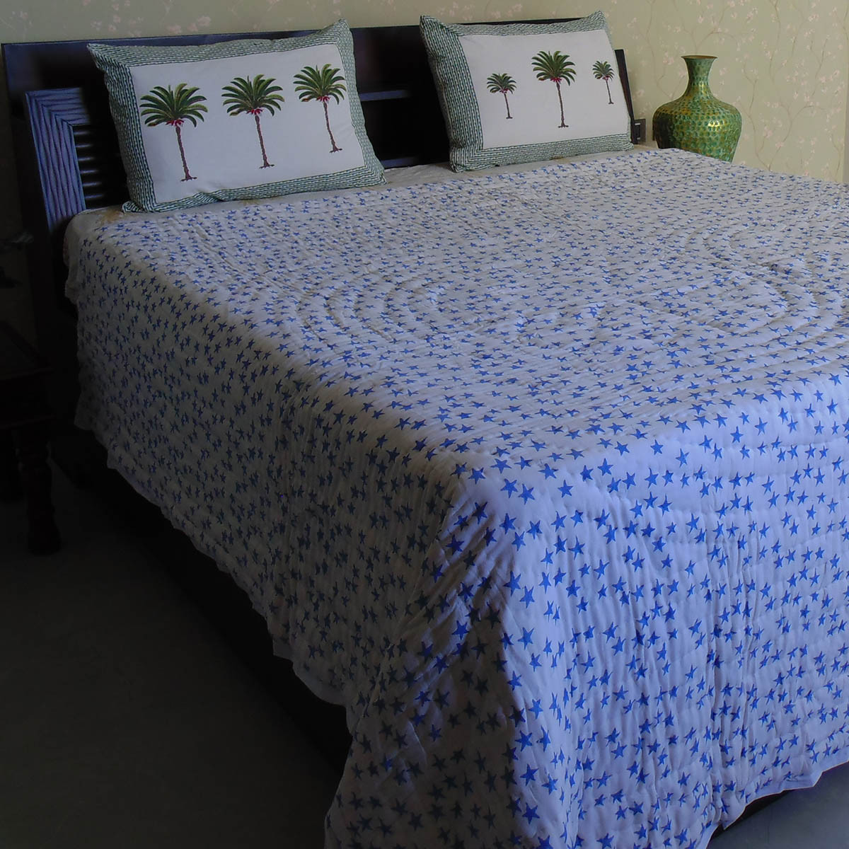 Hand Block Printed Cotton Queen Size Quilt Star Blue 202509