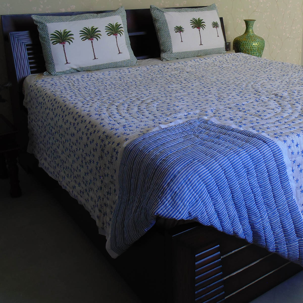 Hand Block Printed Cotton Queen Size Quilt Star Blue 202509