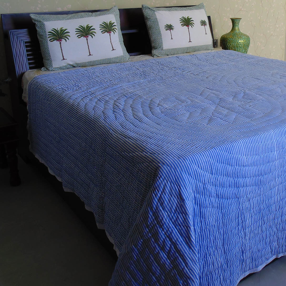 Hand Block Printed Cotton Queen Size Quilt Star Blue 202509