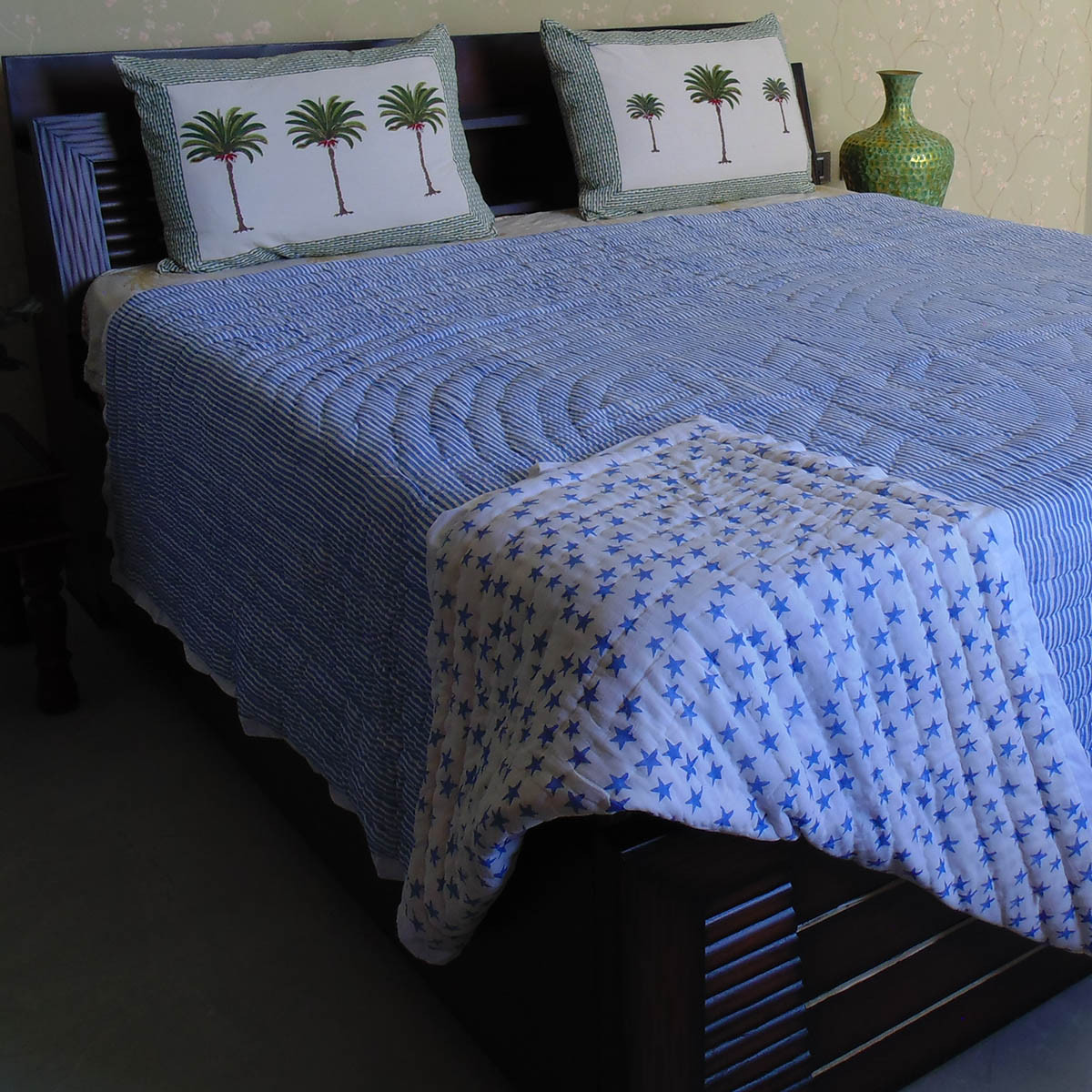 Hand Block Printed Cotton Queen Size Quilt Star Blue 202509