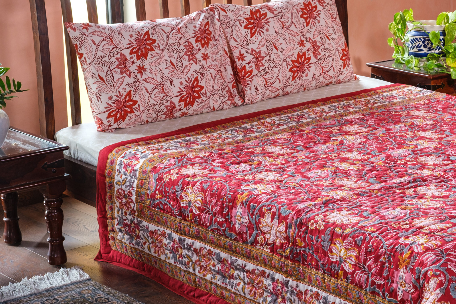 Hand Block Printed Cotton Queen Size Quilt Anarkali Red Gud 201397