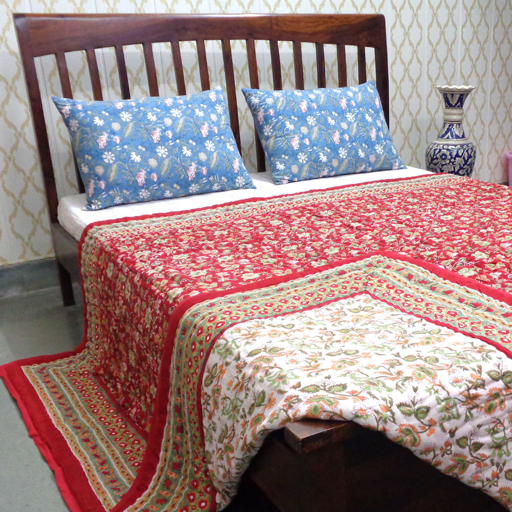 Hand Block Printed Cotton Queen Size Quilt Apple Blossom 605165
