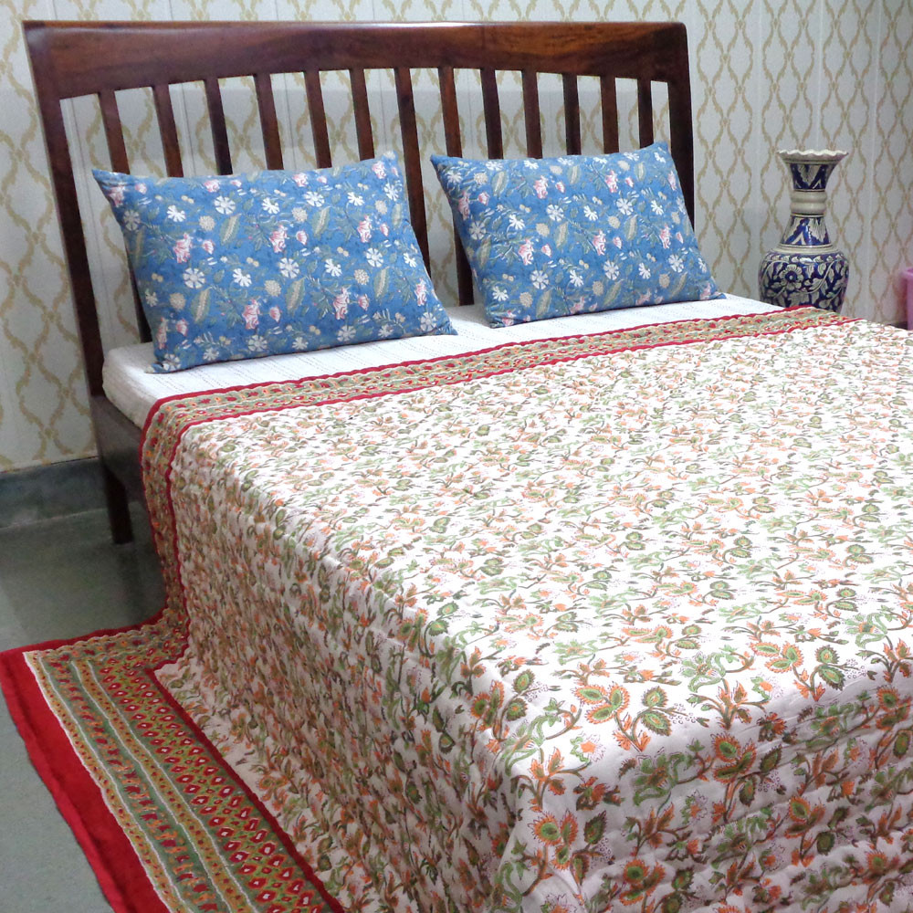 Hand Block Printed Cotton Queen Size Quilt Apple Blossom 605165