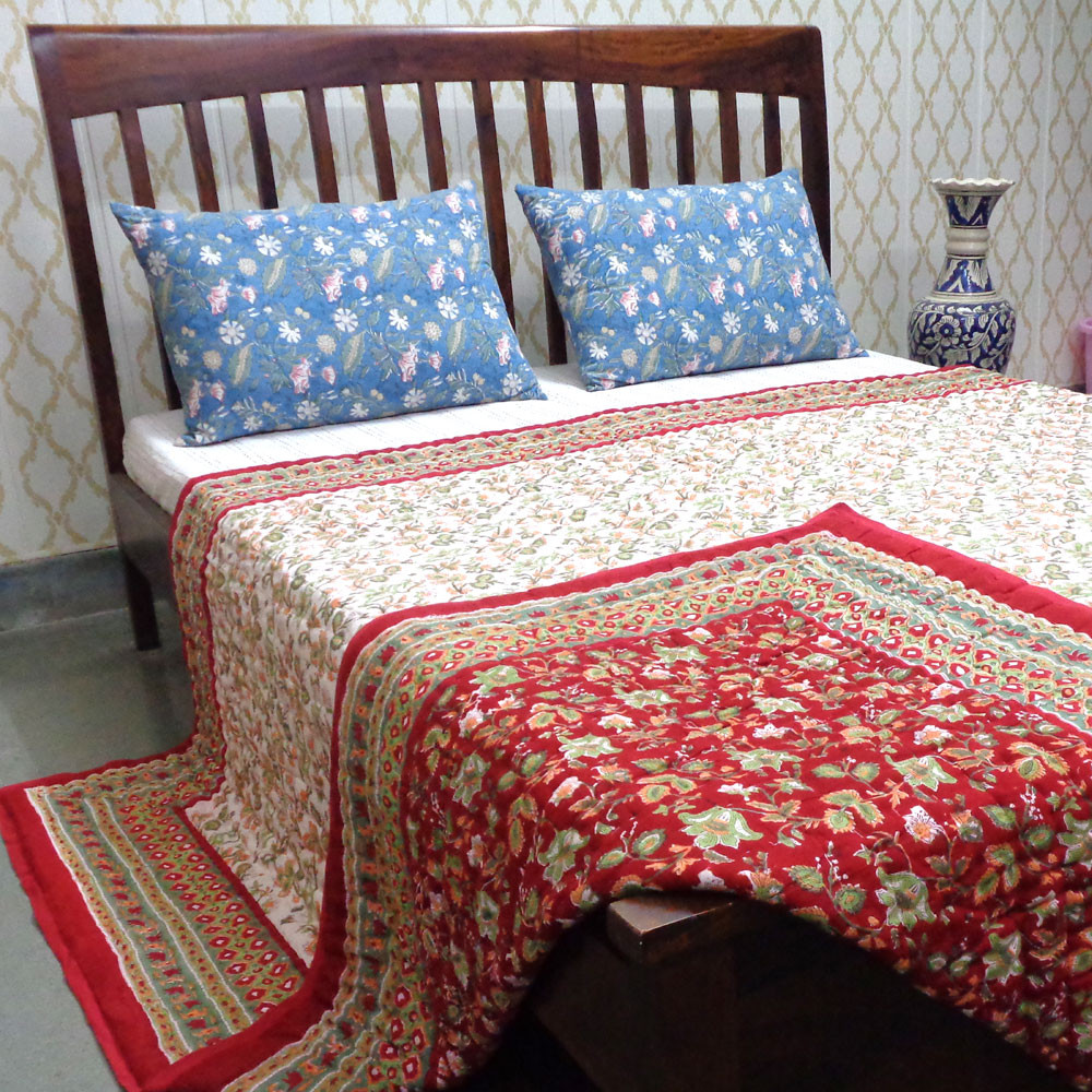 Hand Block Printed Cotton Queen Size Quilt Apple Blossom 605165