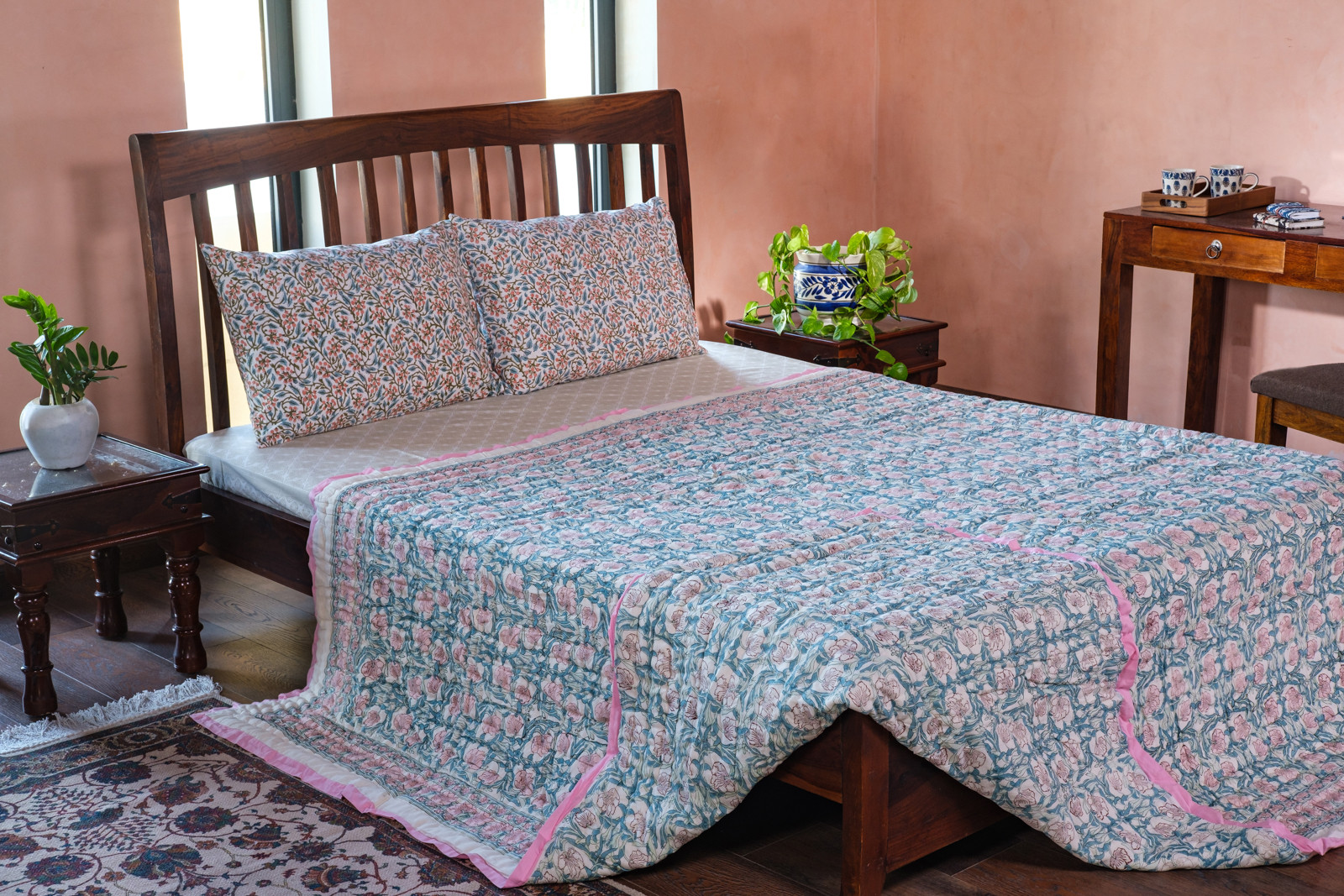 Hand Block Printed Cotton Queen Size Quilt  Bauhaus Pink Flower 601774