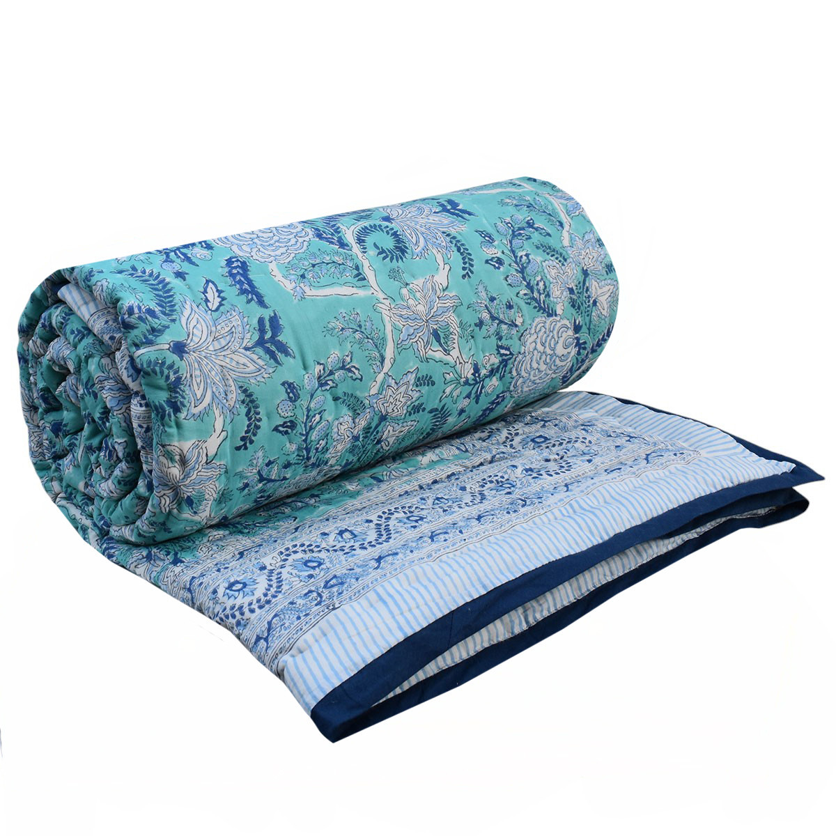 Hand Block Printed Cotton Queen Size Quilt Bela Bristol Blue 601091