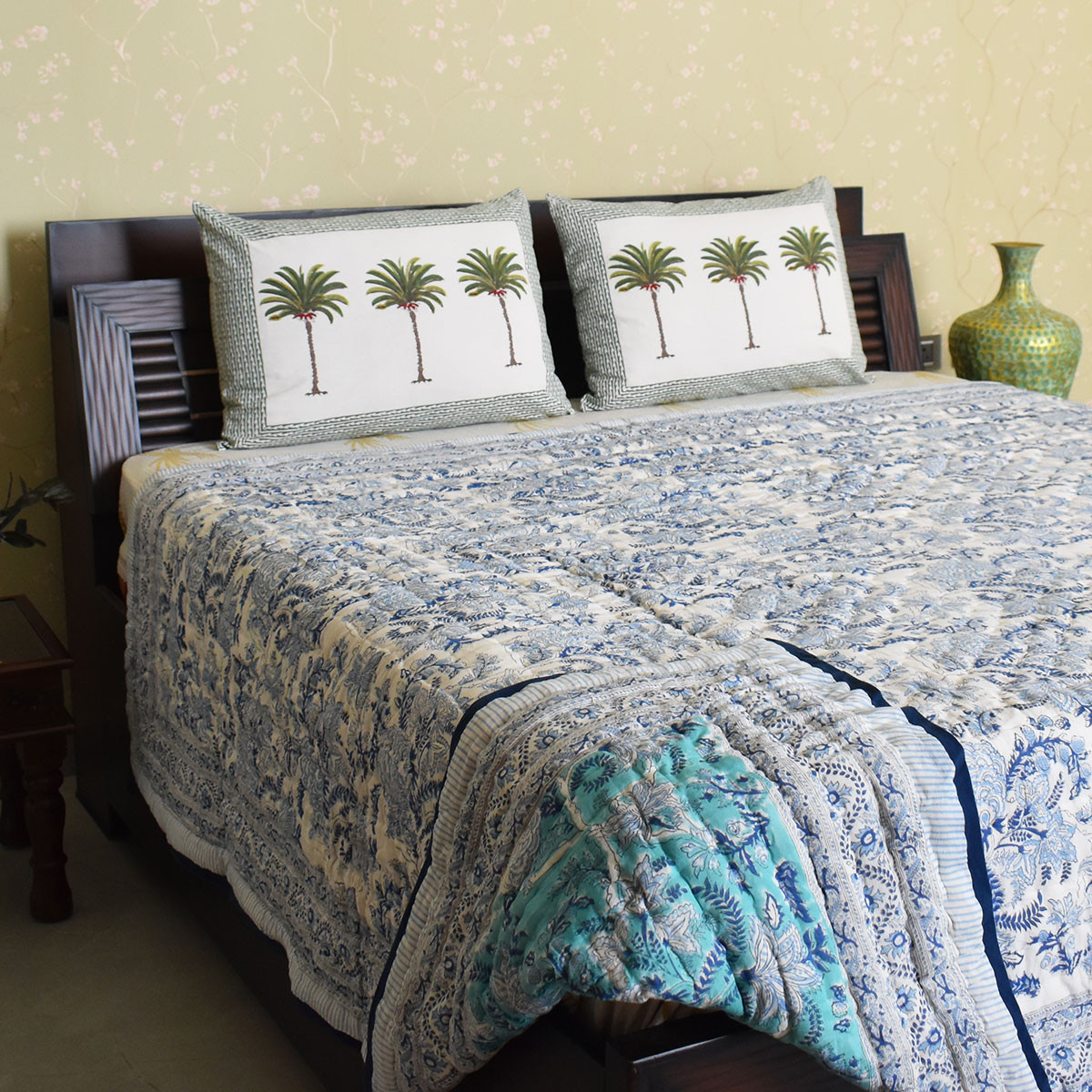 Hand Block Printed Cotton Queen Size Quilt Bela Bristol Blue 601091