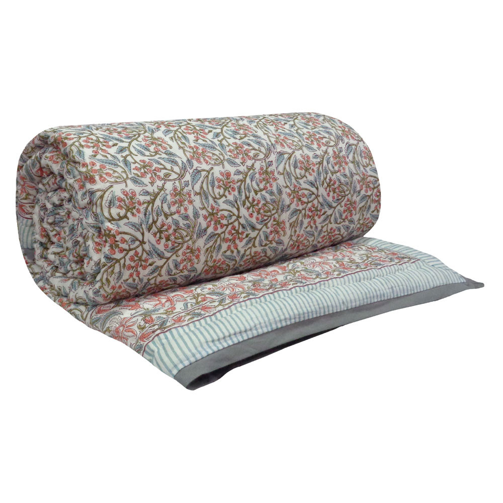 Hand Block Printed Cotton Queen Size Quilt Berry Pink 106128