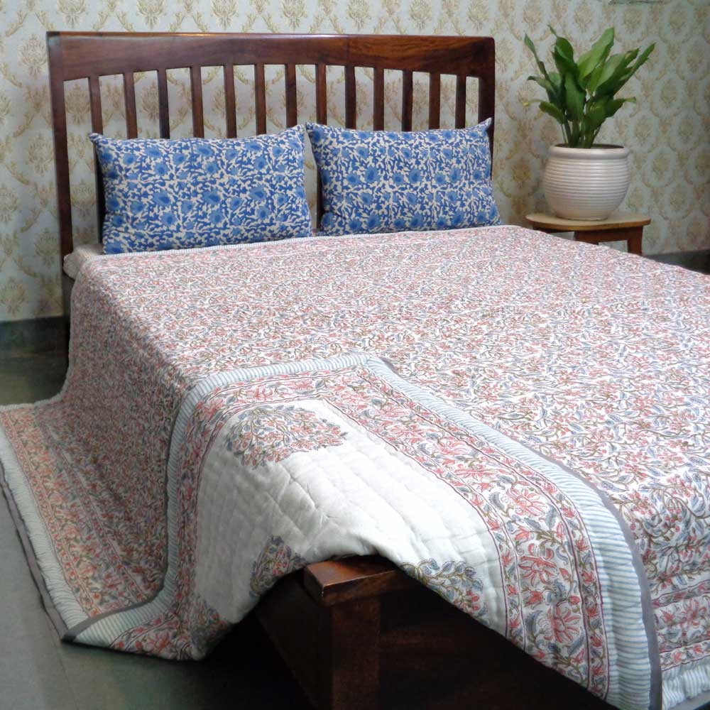 Hand Block Printed Cotton Queen Size Quilt Berry Pink 106128