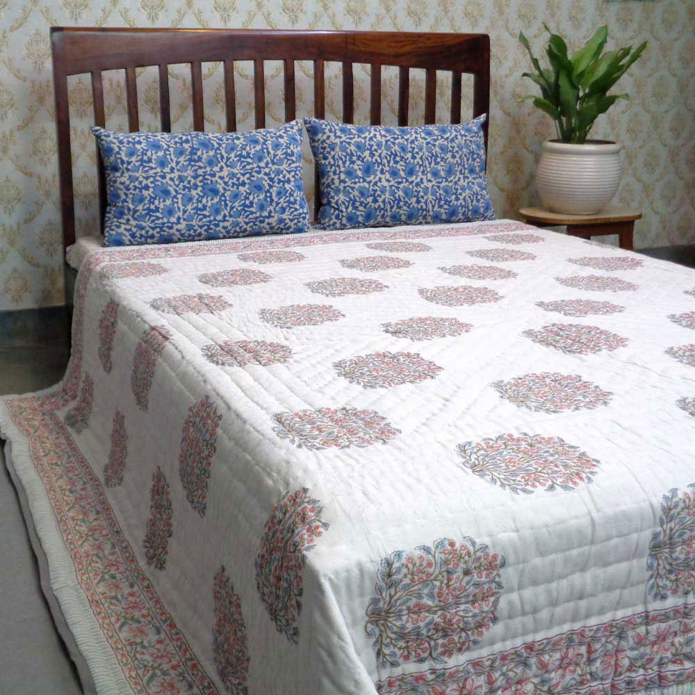 Hand Block Printed Cotton Queen Size Quilt Berry Pink 106128