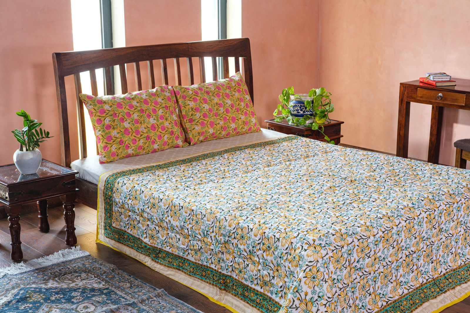 Hand Block Printed Cotton Queen Size Quilt  Champa Kali 204564