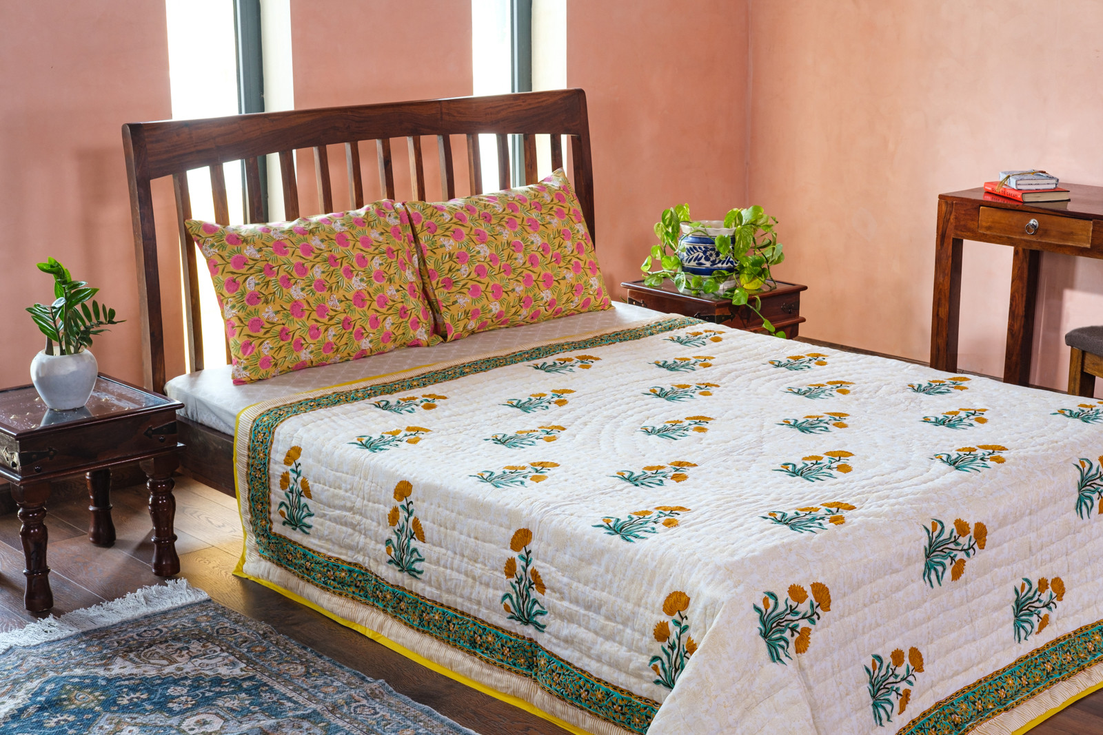 Hand Block Printed Cotton Queen Size Quilt  Champa Kali 204564