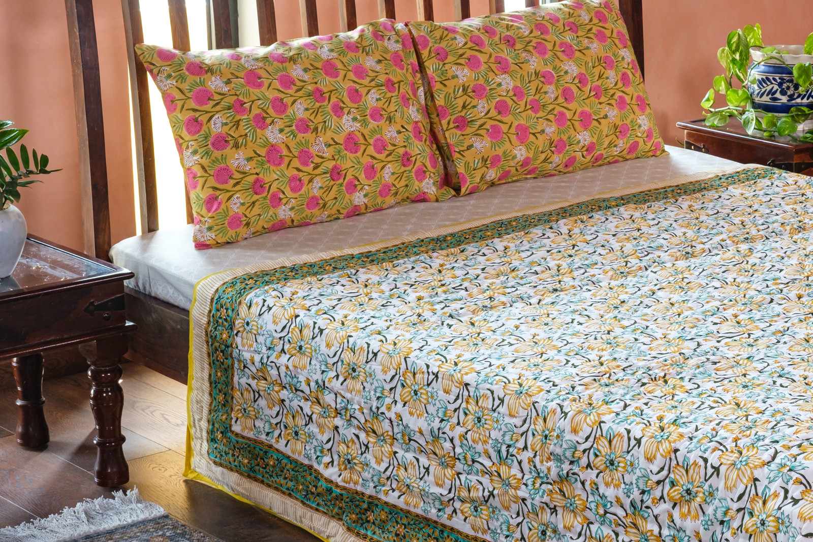 Hand Block Printed Cotton Queen Size Quilt  Champa Kali 204564