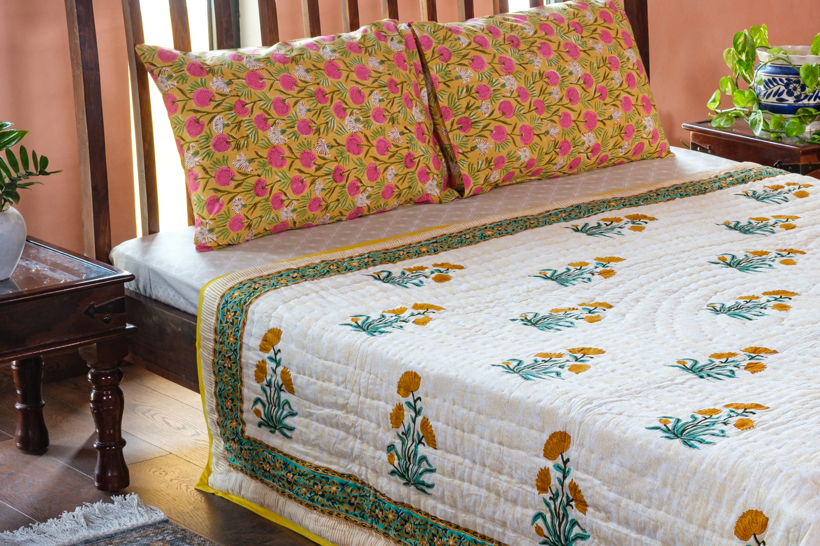 Hand Block Printed Cotton Queen Size Quilt  Champa Kali 204564