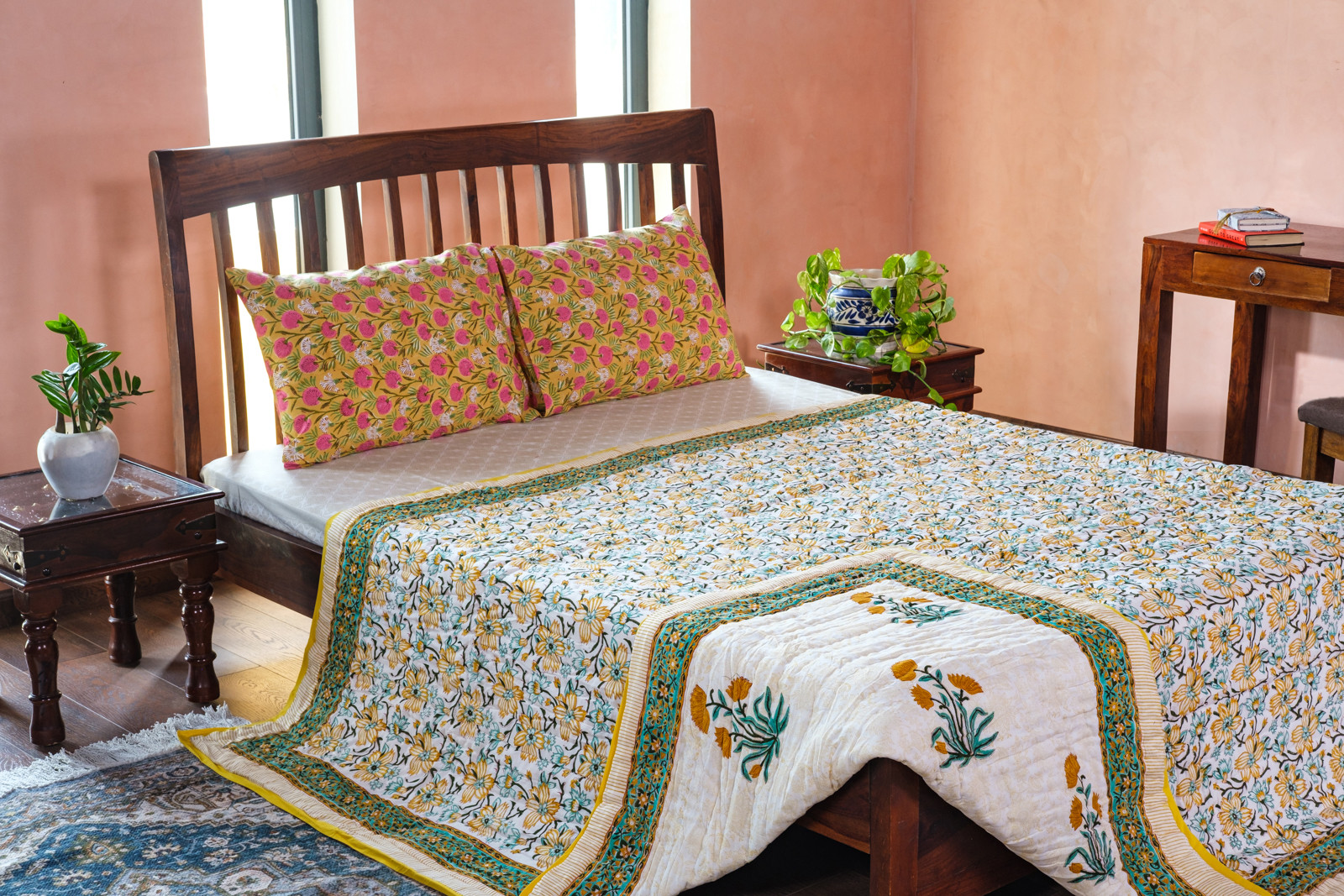 Hand Block Printed Cotton Queen Size Quilt  Champa Kali 204564